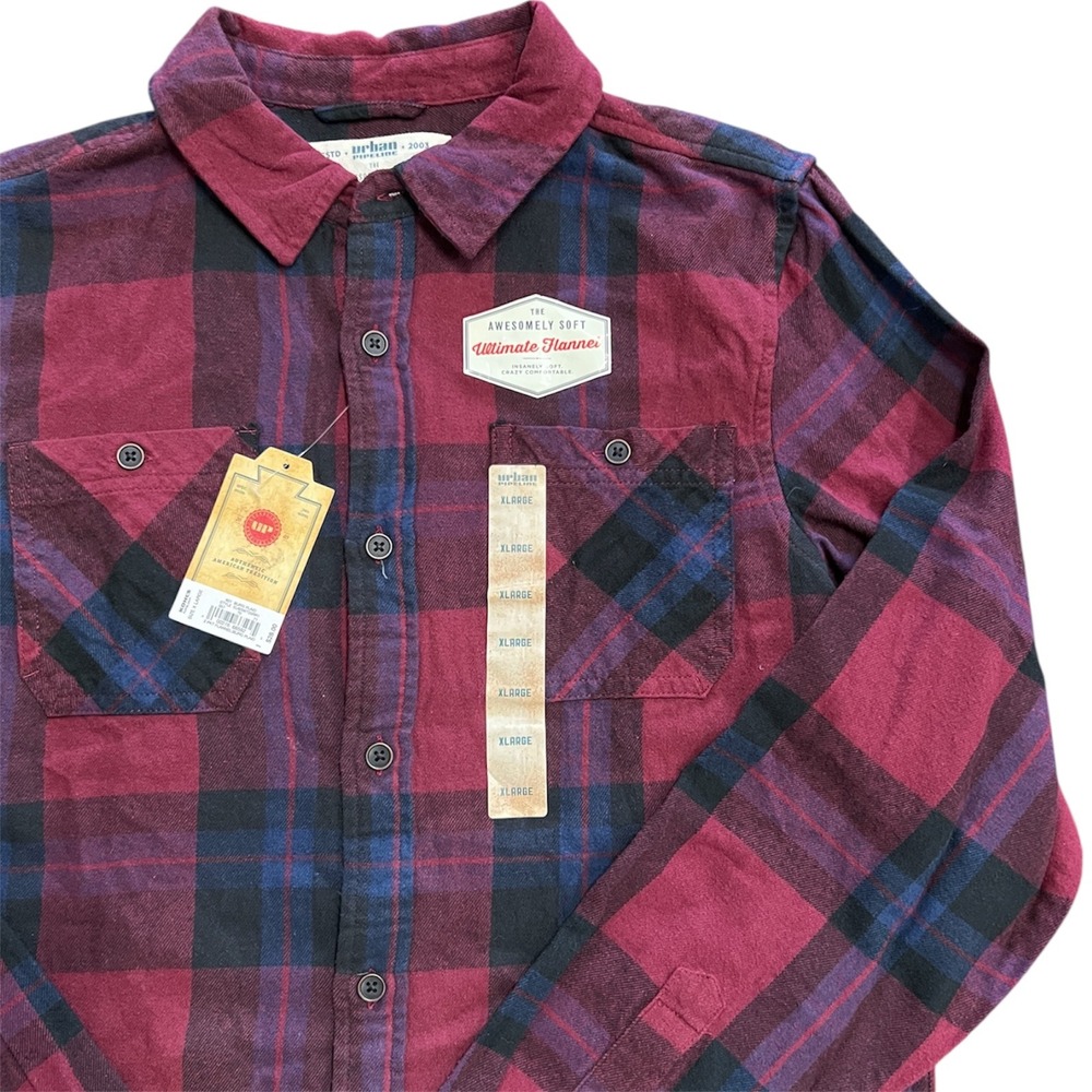 Urban Pipeline Kids Boys XL Plaid Flannel‎ Shirt Long Sleeve Button Up New